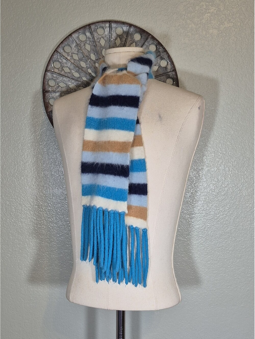Angora Rabbit Hair Blend Blue & Cream Ivory Striped Soft Fuzzy Winter Scarf